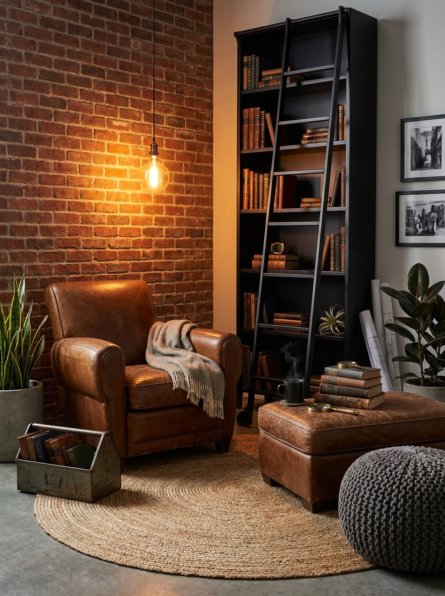 Industrial Loft Reading Corner with Metal Bookshelf Ladder