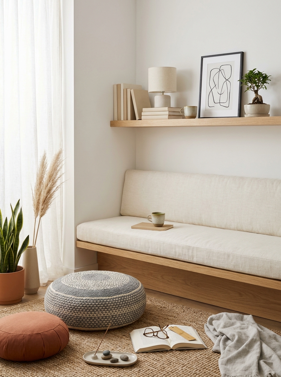 Japandi Minimalist Floor Seating with Low Shelf