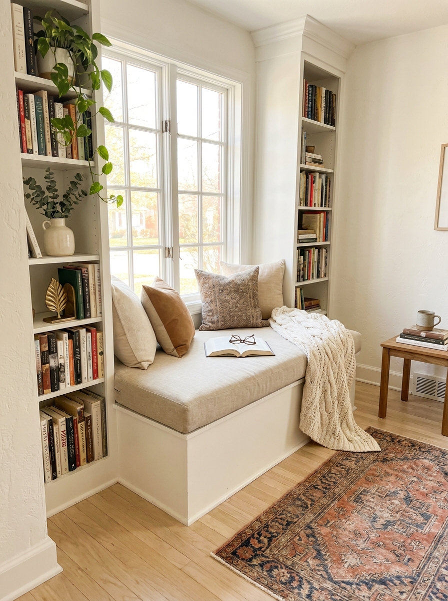Window Seat with Built-In Bookshelves