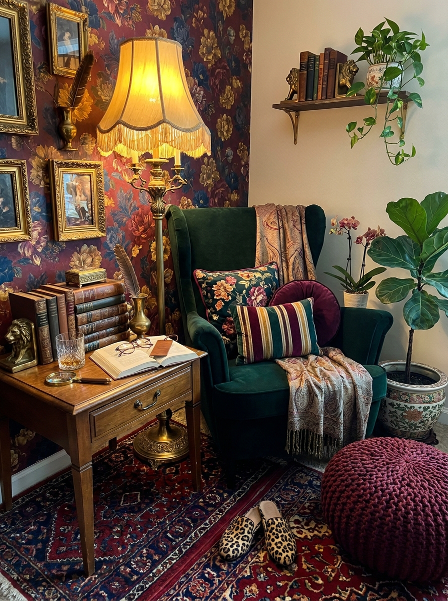 Maximalist Jewel-Tone Corner with Velvet Wingback