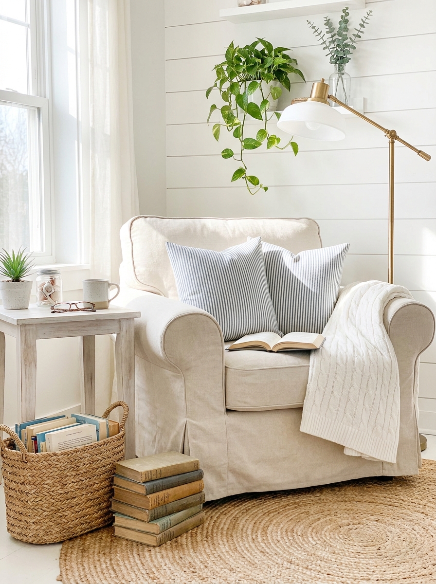 Coastal Cottage Reading Corner with Slipcovered Armchair