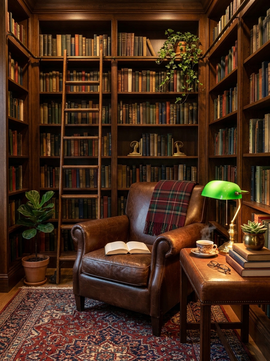 Vintage Library Ladder Alcove with Rolled-Arm Chair