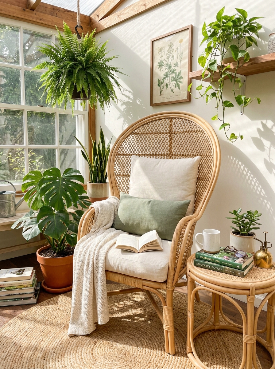 Greenhouse Sunroom Wicker Chair with Botanical Overload