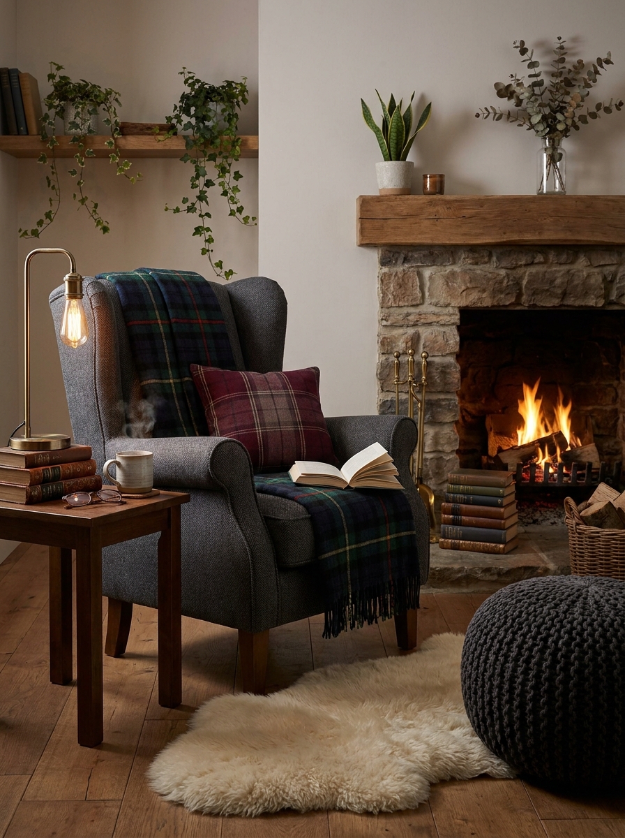 Fireplace-Adjacent Wingback with Plaid Throws
