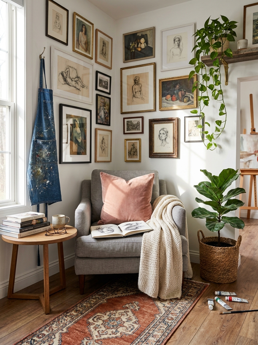 Art Studio Corner Reading Chair with Gallery Wall