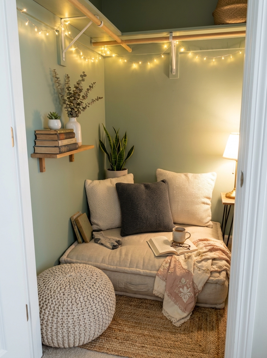 Converted Closet Reading Hideaway with String Lights