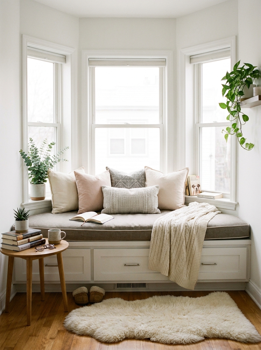 Bedroom Bay Window Bench with Storage Drawers