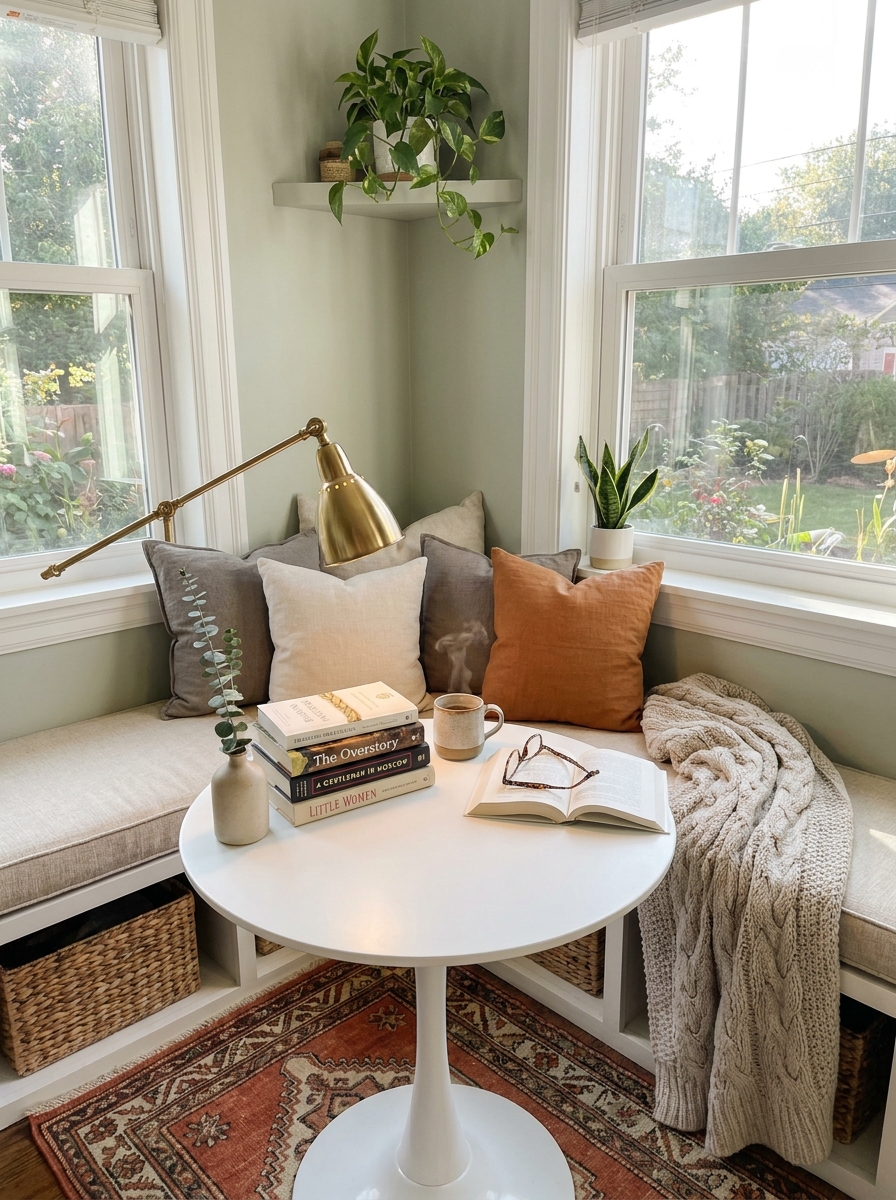 Breakfast Nook Banquette Transformed into Reading Corner