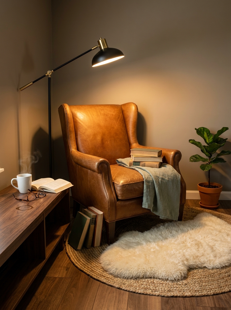 Leather Reading Chair with Floor Lamp Corner