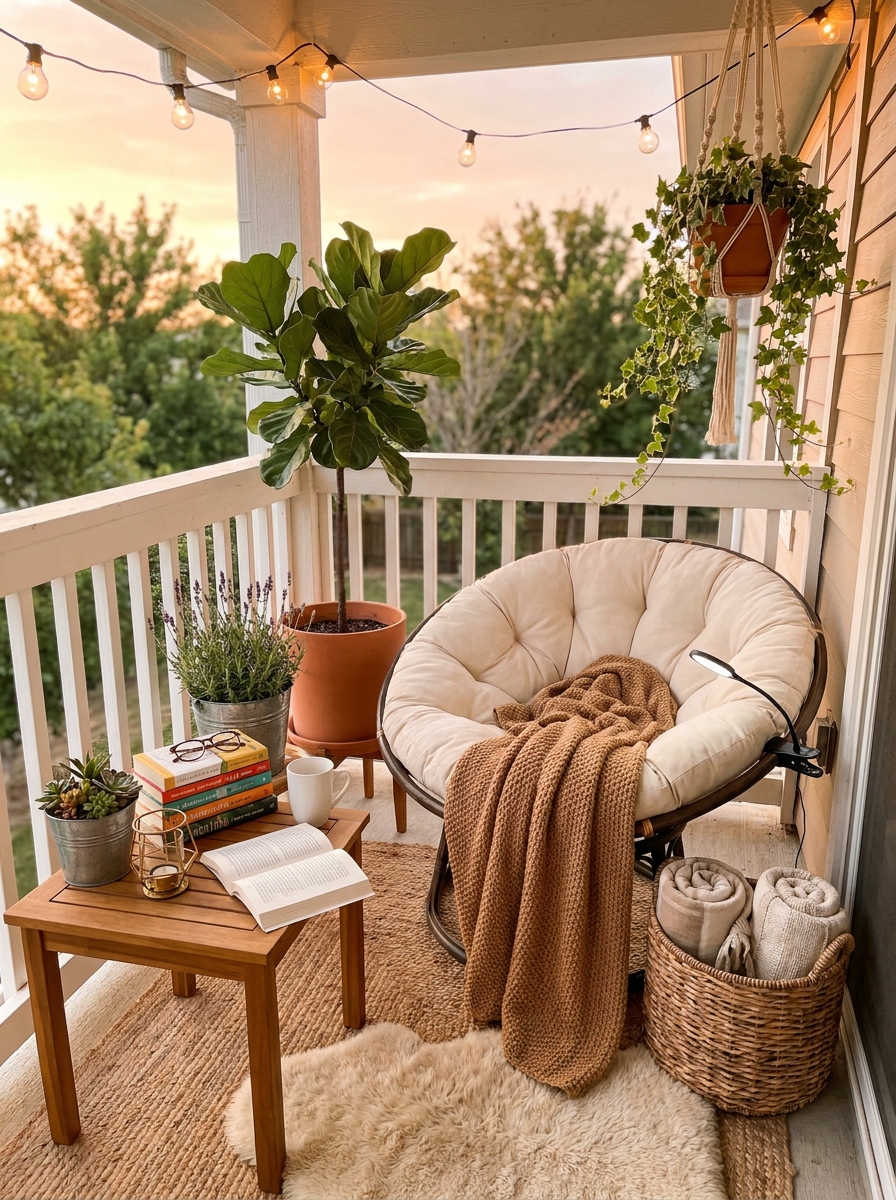 Outdoor Balcony Reading Retreat with Weather-Proof Comfort