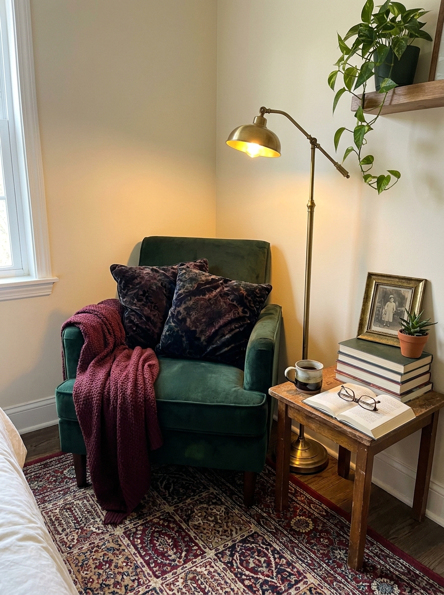 Bedroom Corner Reading Nook with Velvet Armchair