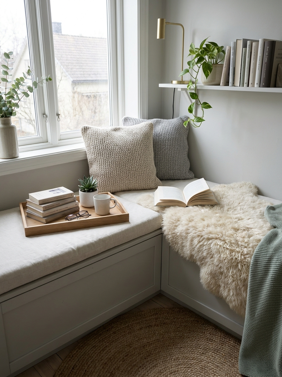 Scandinavian Window Bench with Sheepskin Throws