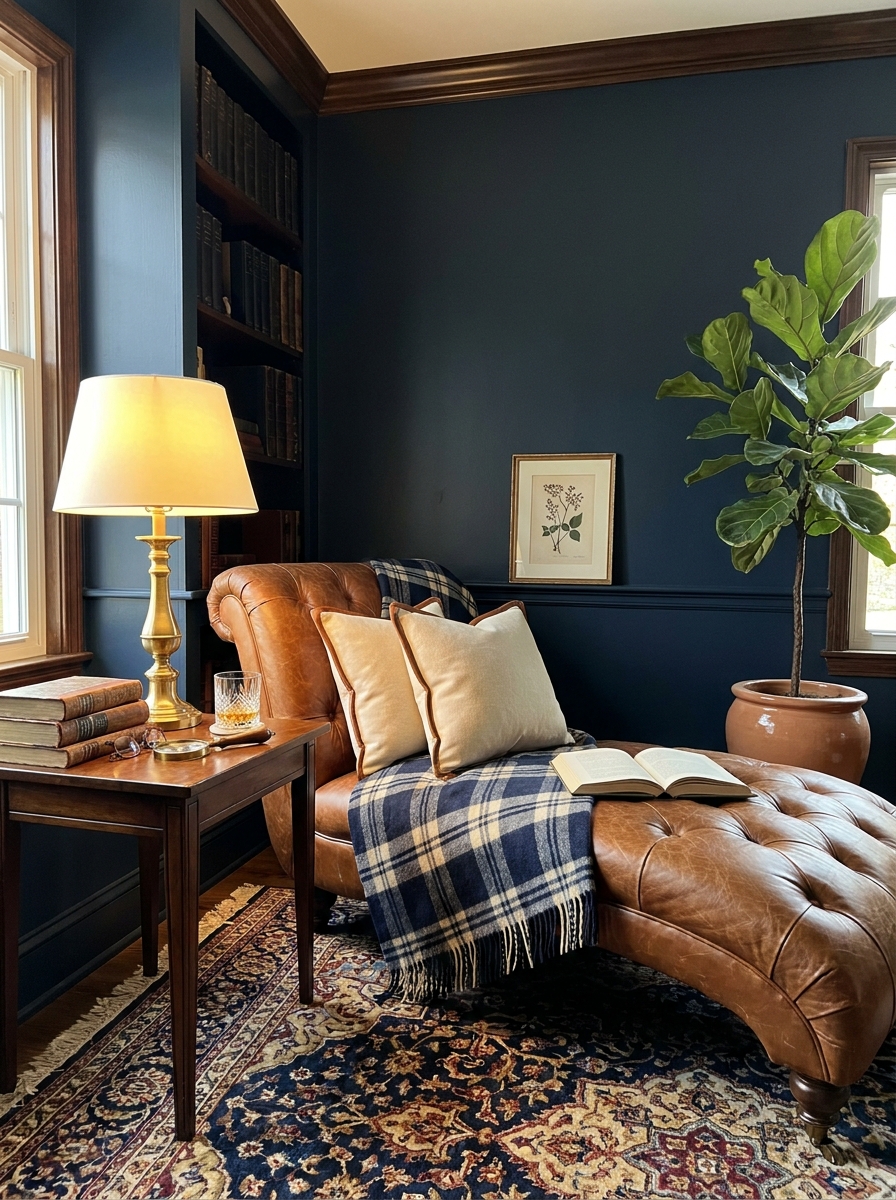 English Library Nook with Tufted Leather Chaise