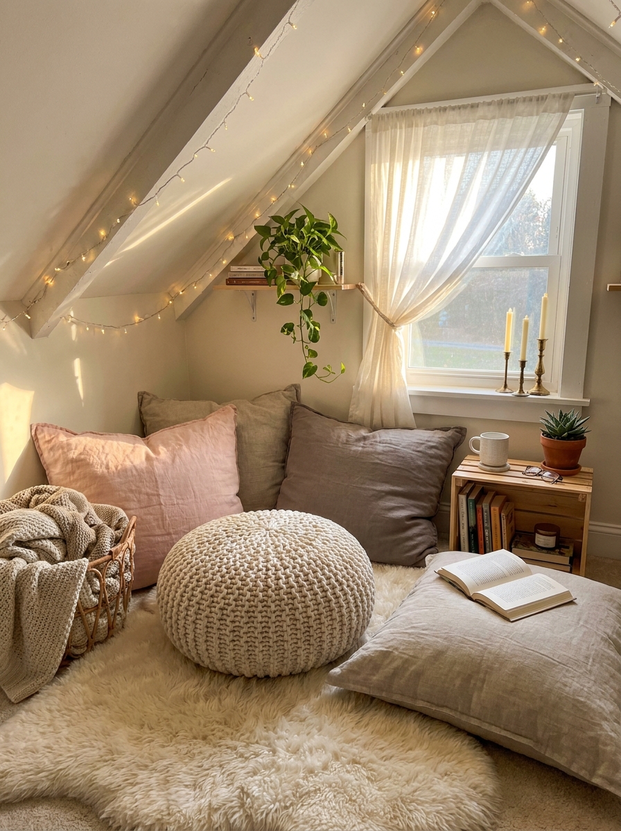 Cottagecore Attic Dormer with Floor Cushion Nest