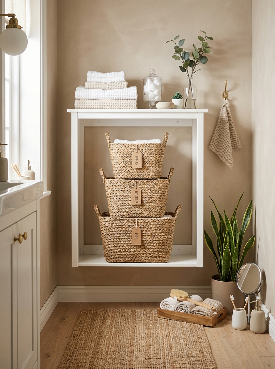 Stacked Woven Baskets on Open Shelving