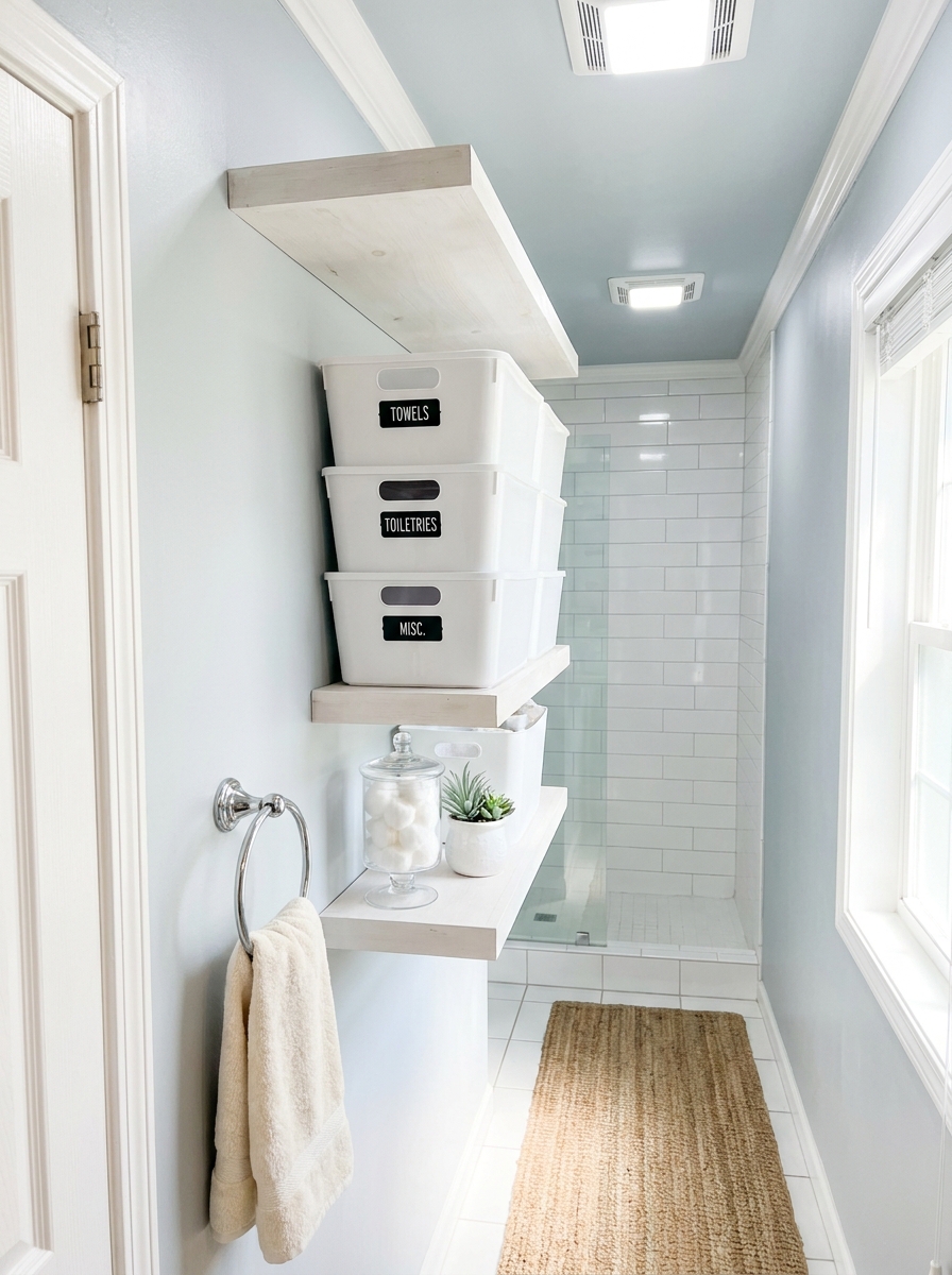 Stackable Labeled Storage Bins on High Shelves