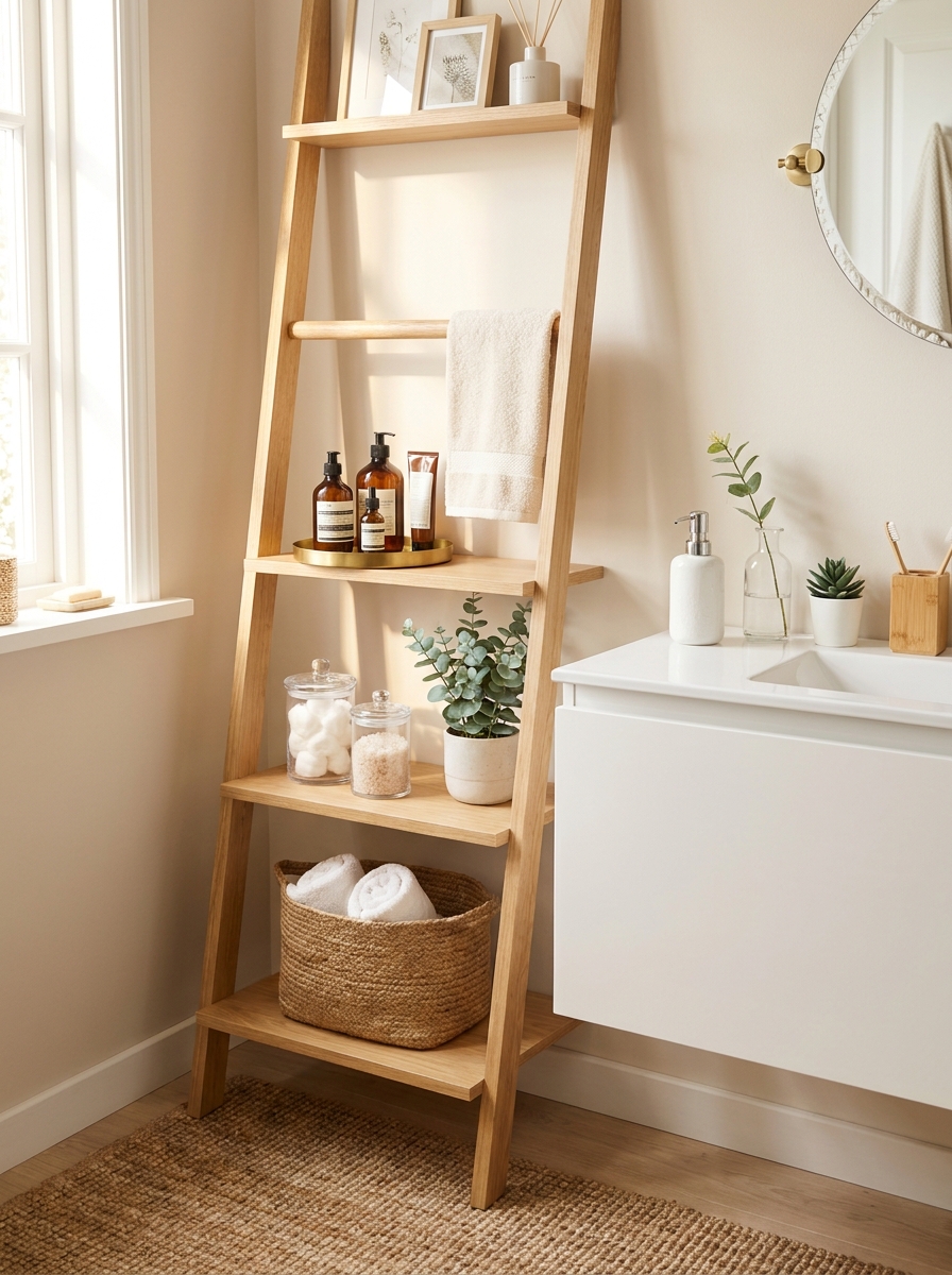 Freestanding Ladder Shelf Next to Vanity