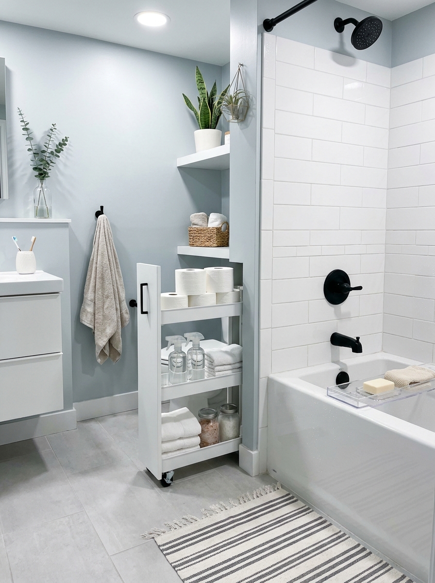 Slide-Out Storage Tray Next to Bathtub