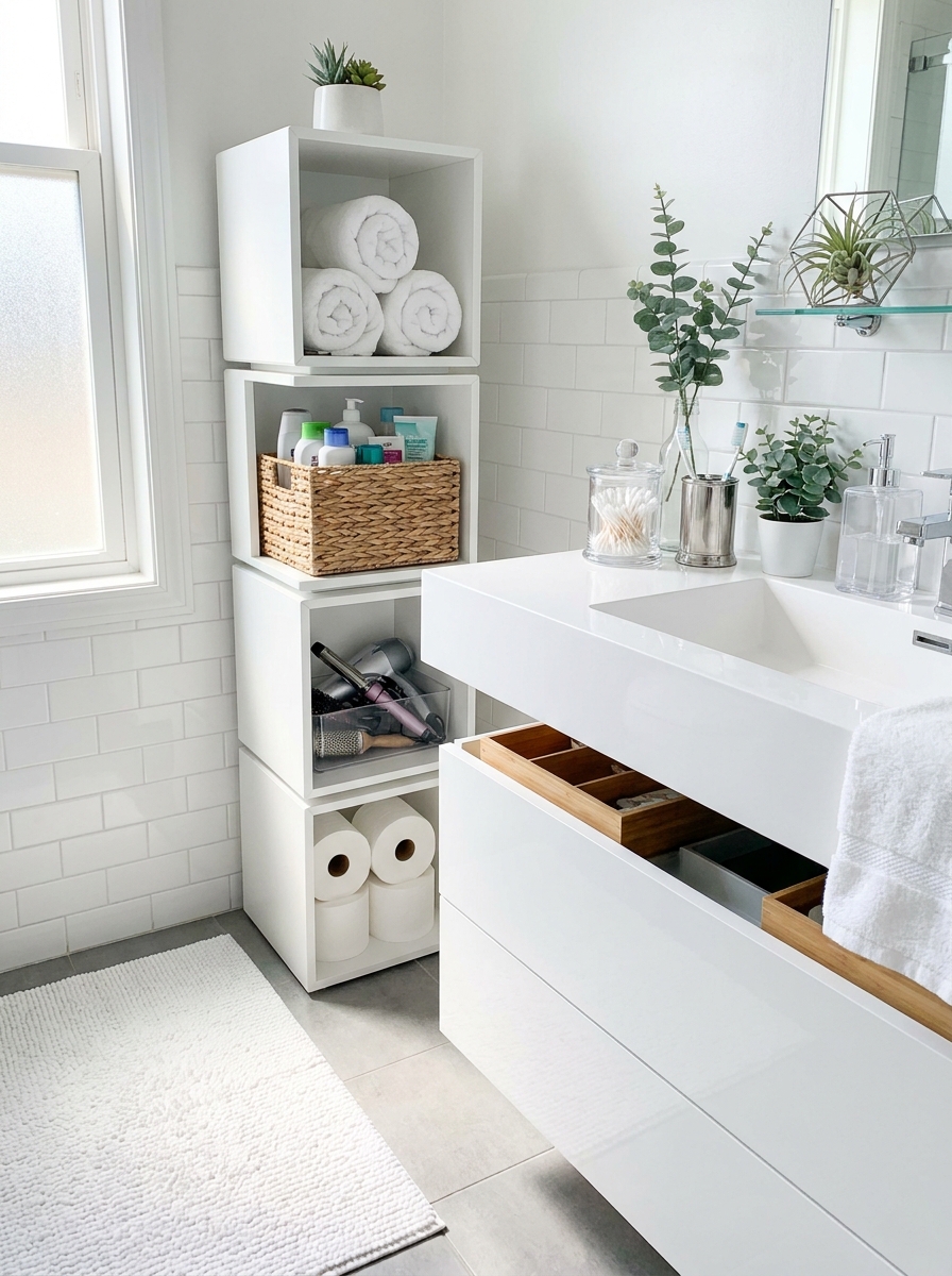 Stacked Open Cube Storage Next to Vanity