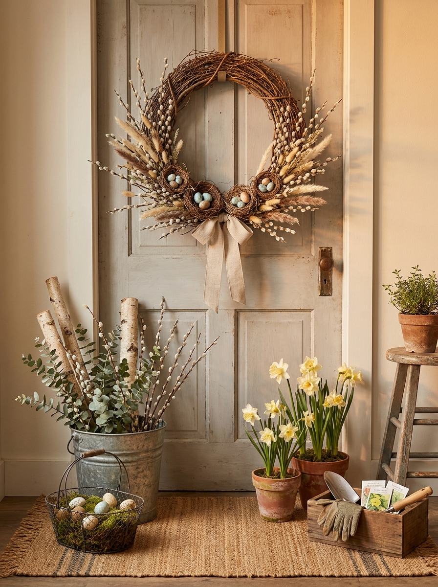 Whimsical Bird Nest and Pussy Willow Wreath