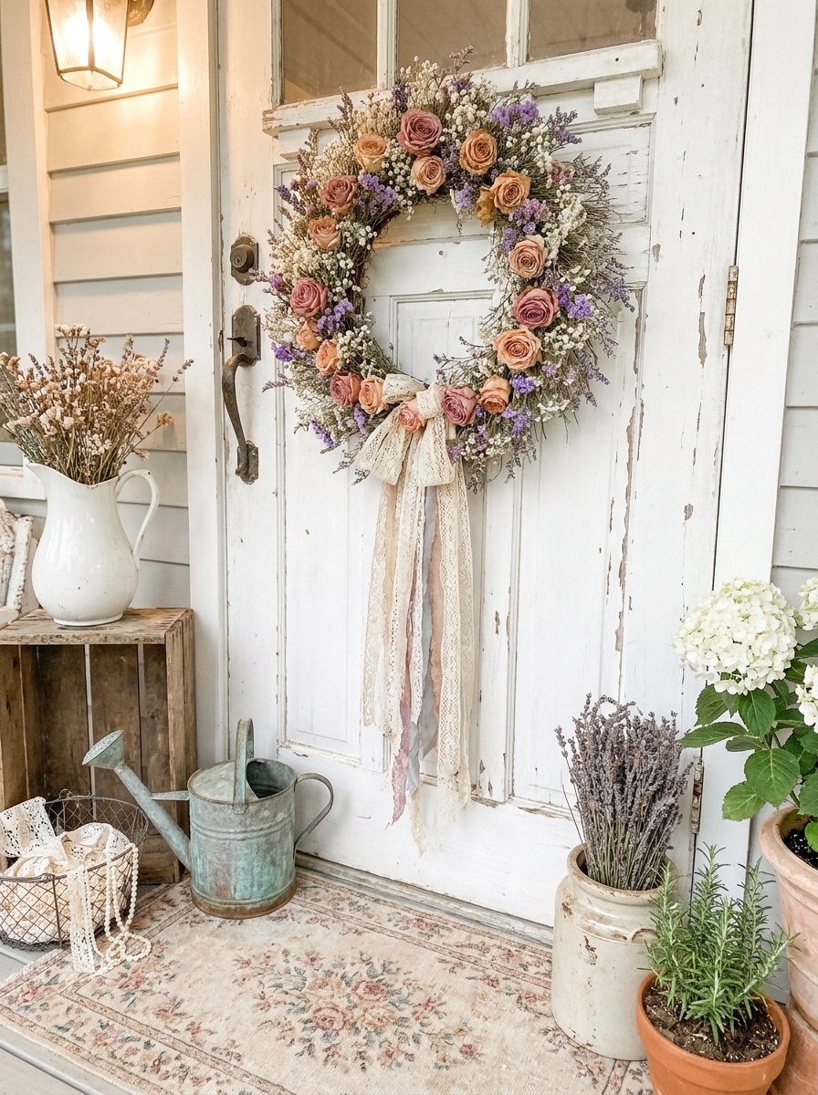 Shabby Chic Vintage Lace and Dried Flower Wreath