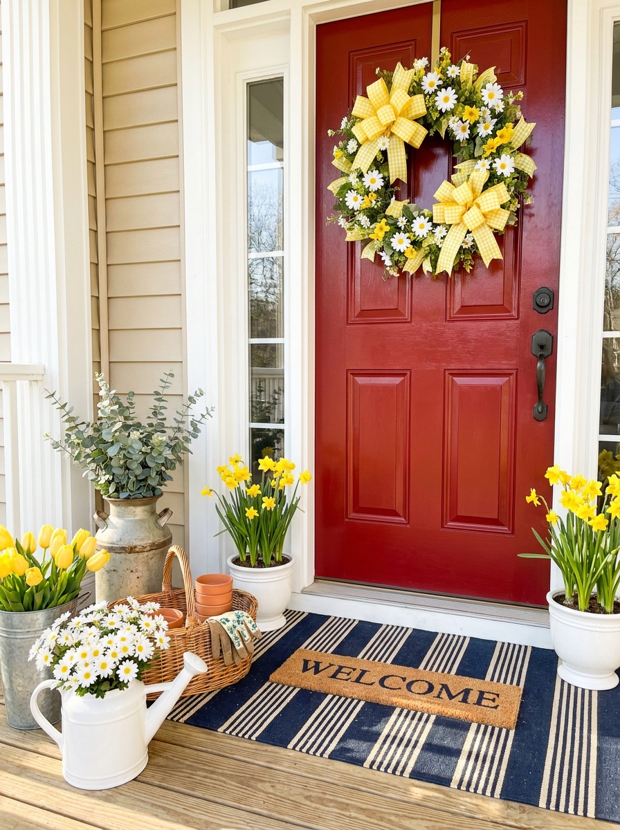 Cheerful Gingham Ribbon and Daisy Wreath