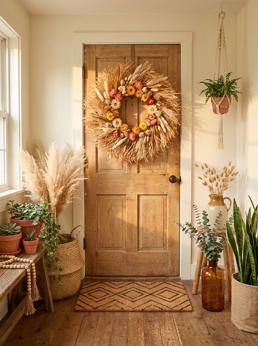 Fun Raffia and Straw Flower Boho Wreath