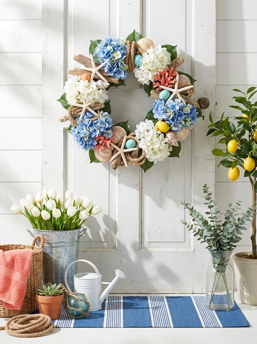 Coastal Blue Hydrangea and Seashell Wreath