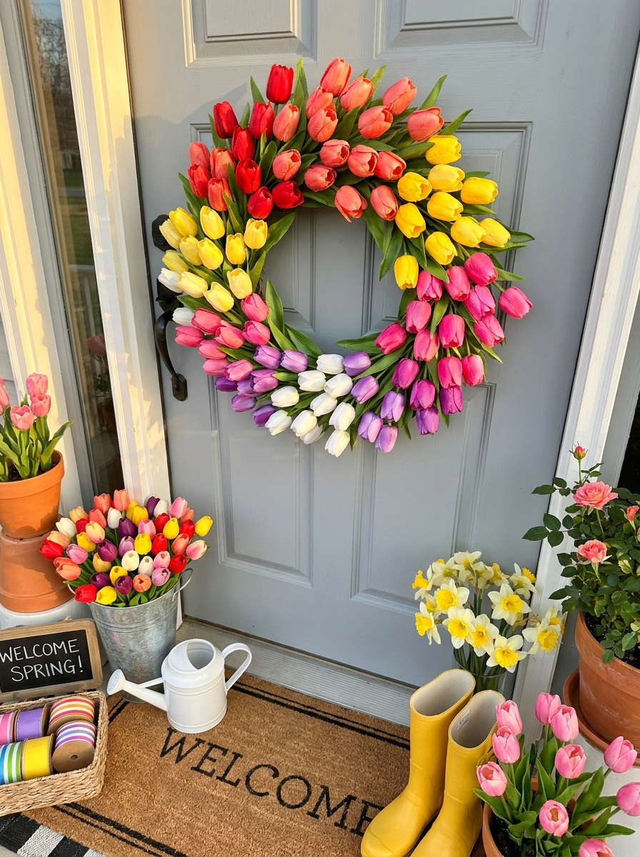 Vibrant Rainbow Tulip Celebration Wreath