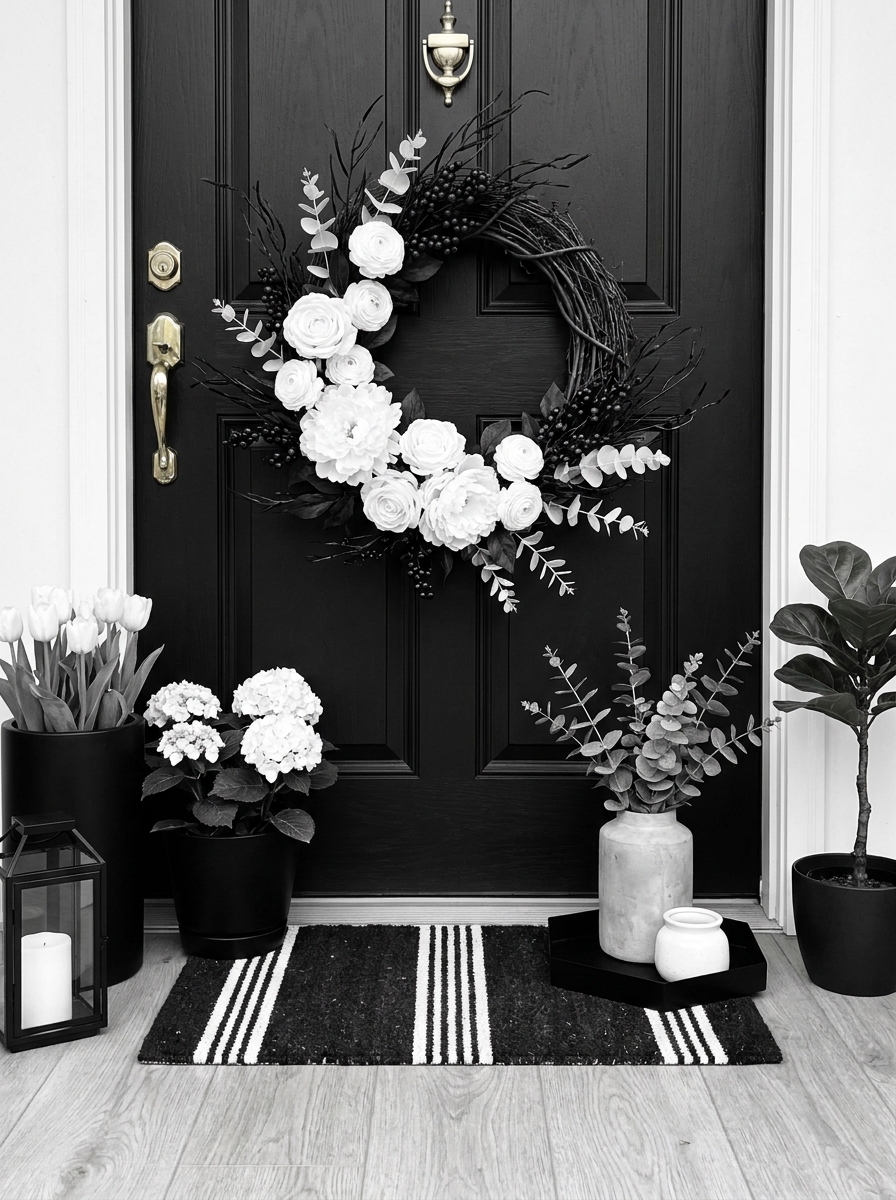 Dramatic Black and White Floral Modern Wreath