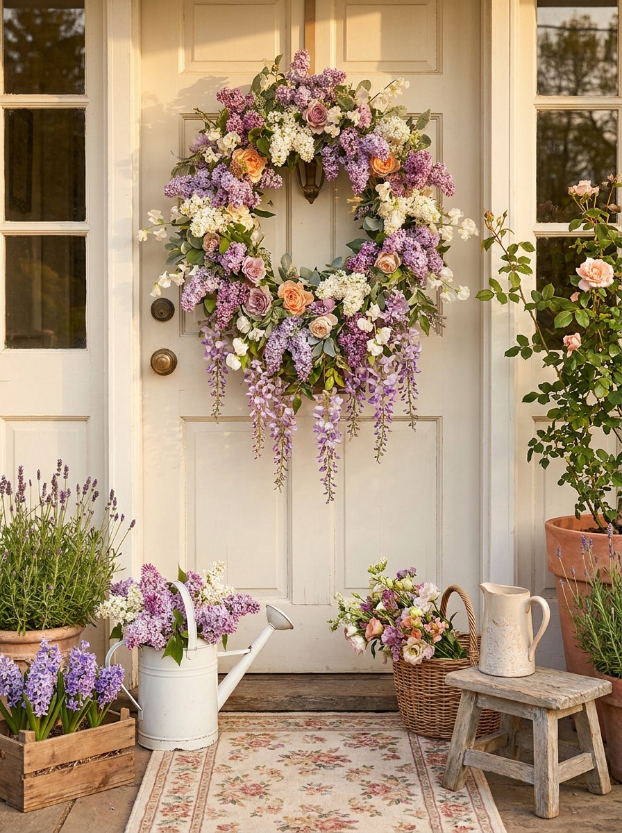Fragrant Fresh Lilac and Wisteria Cascade Wreath