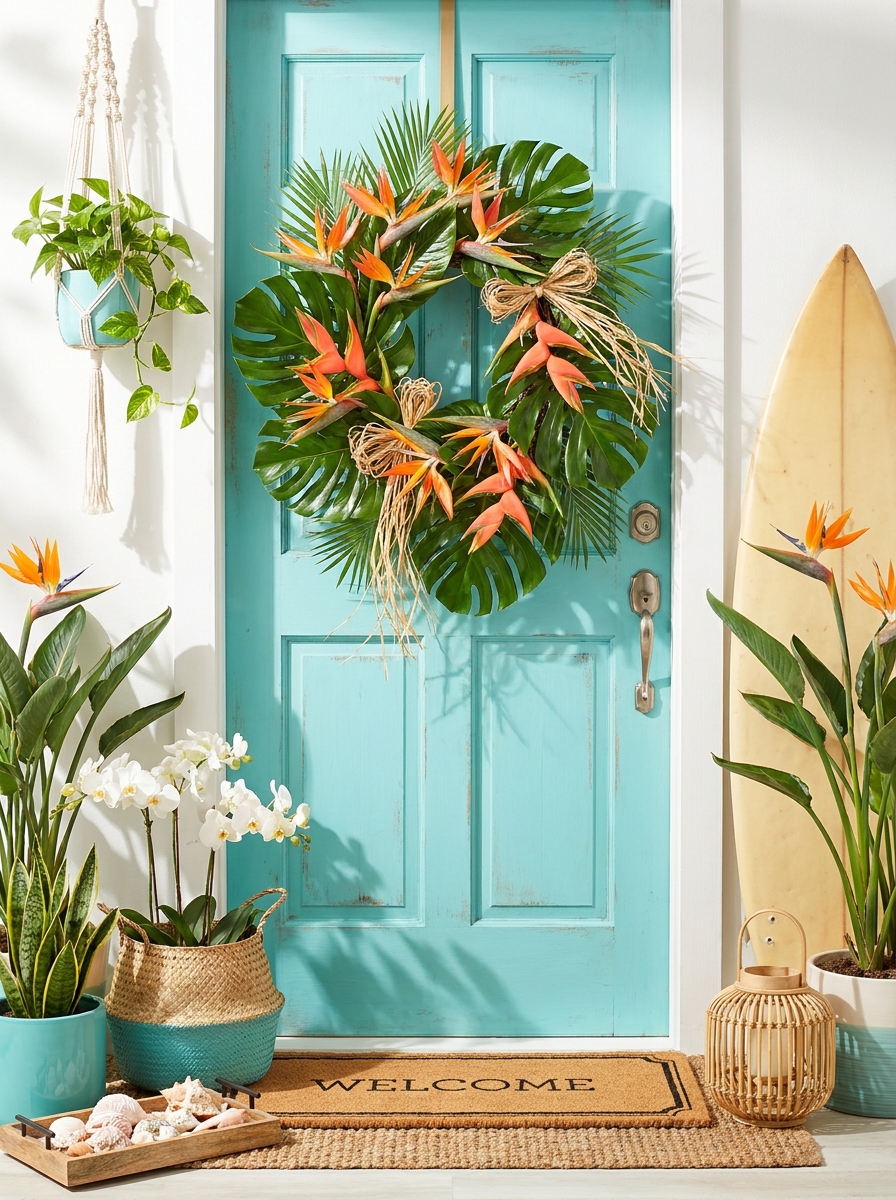 Tropical Palm Leaf and Bird of Paradise Spring Wreath