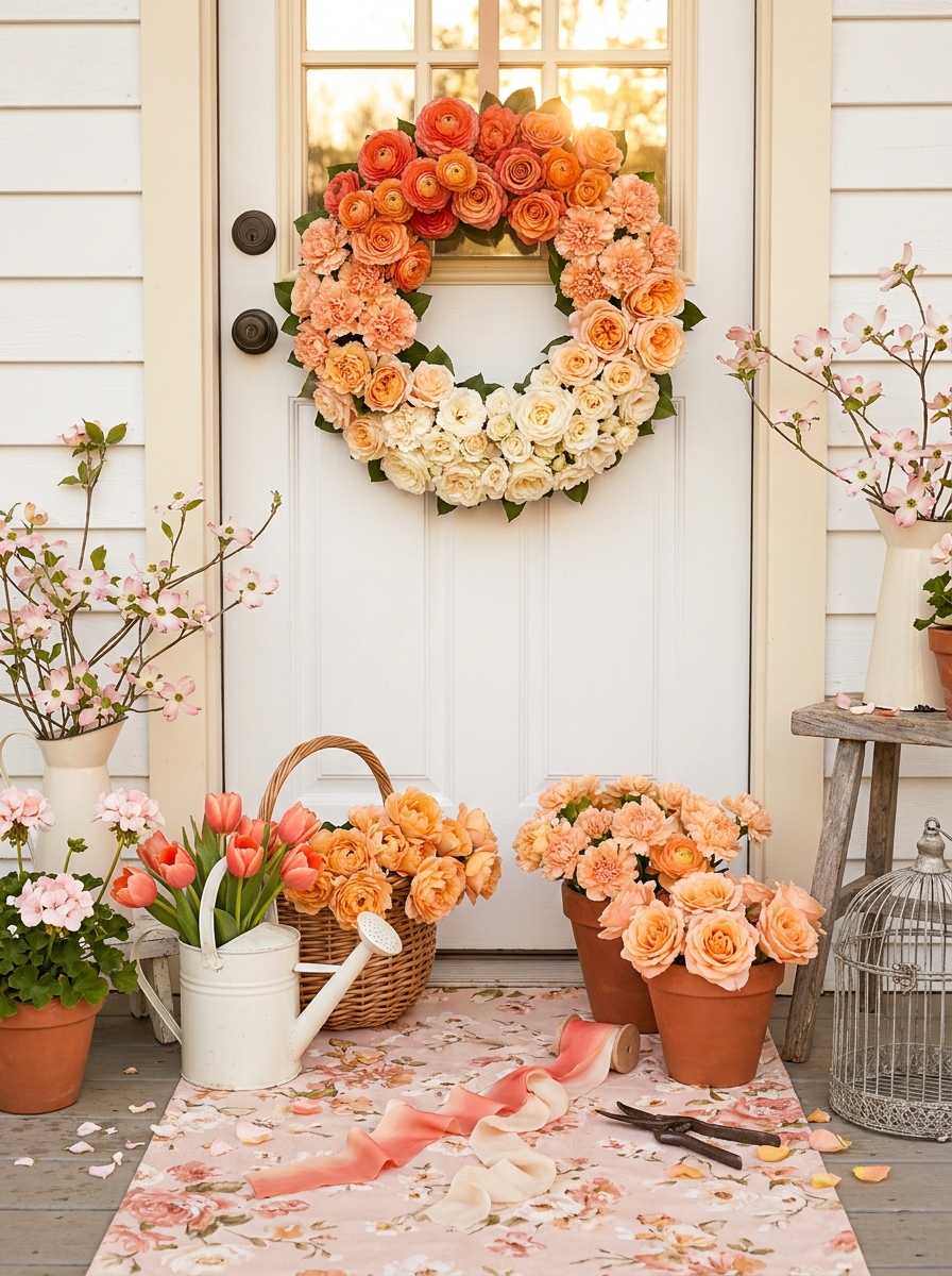 Sunset Coral and Apricot Ombré Flower Wreath
