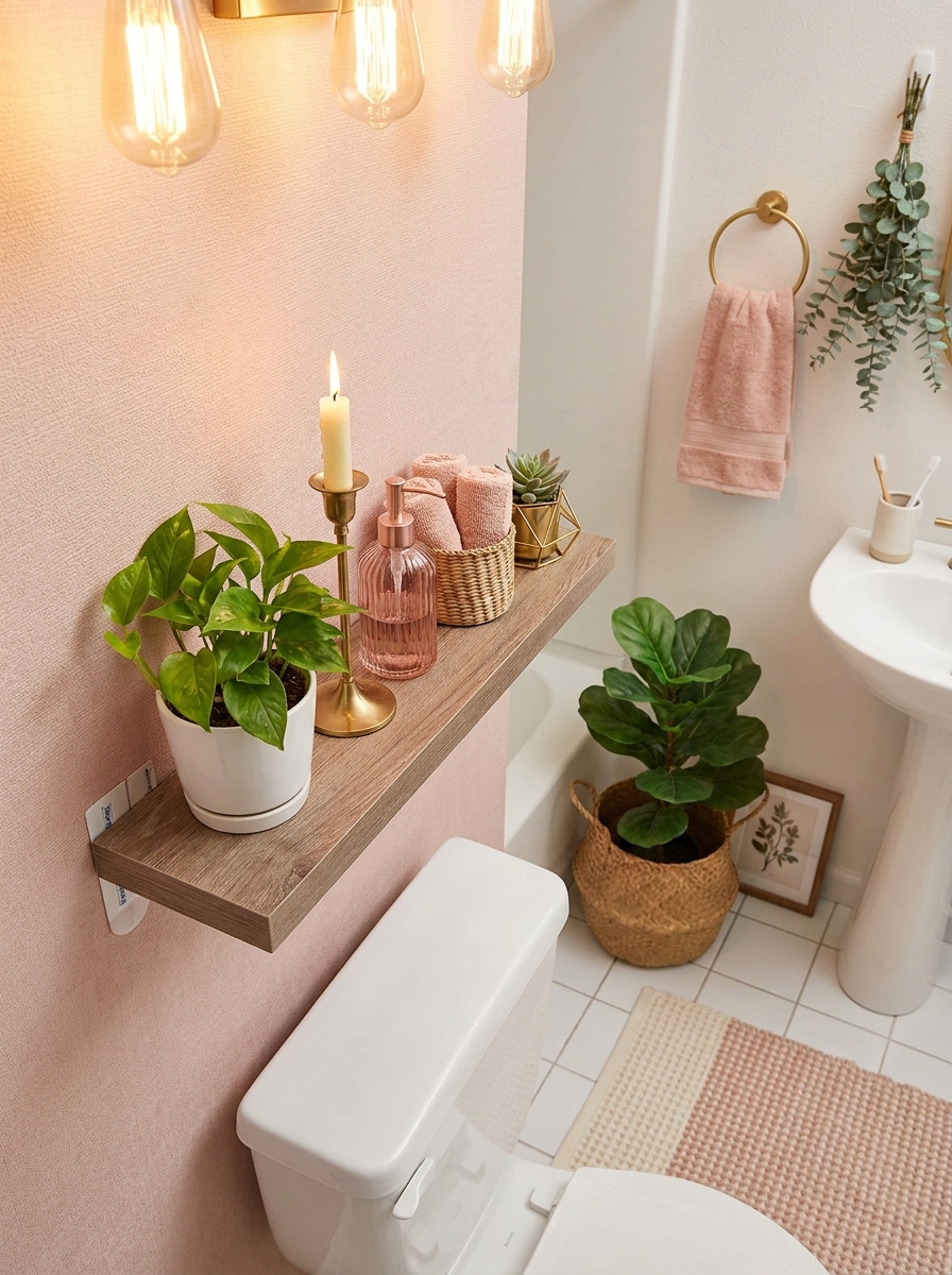 Adhesive Wood-Look Shelf Above Toilet Tank