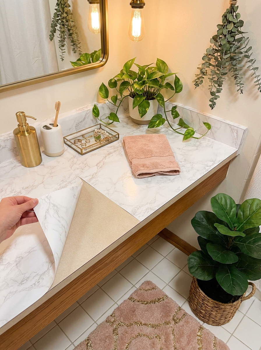 Stick-On Faux Marble Contact Paper for Builder-Grade Surfaces