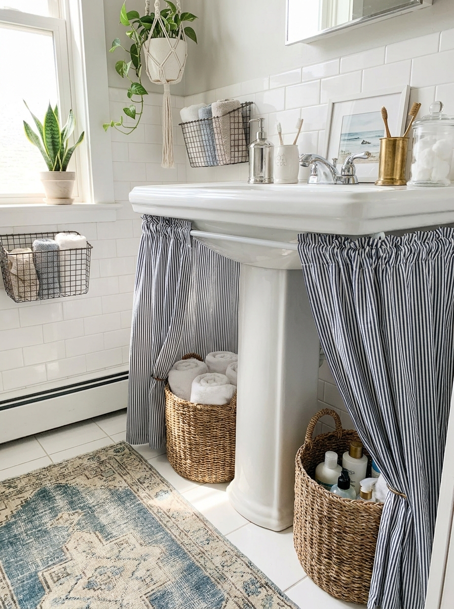 Floating Fabric Skirt Under Pedestal Sink