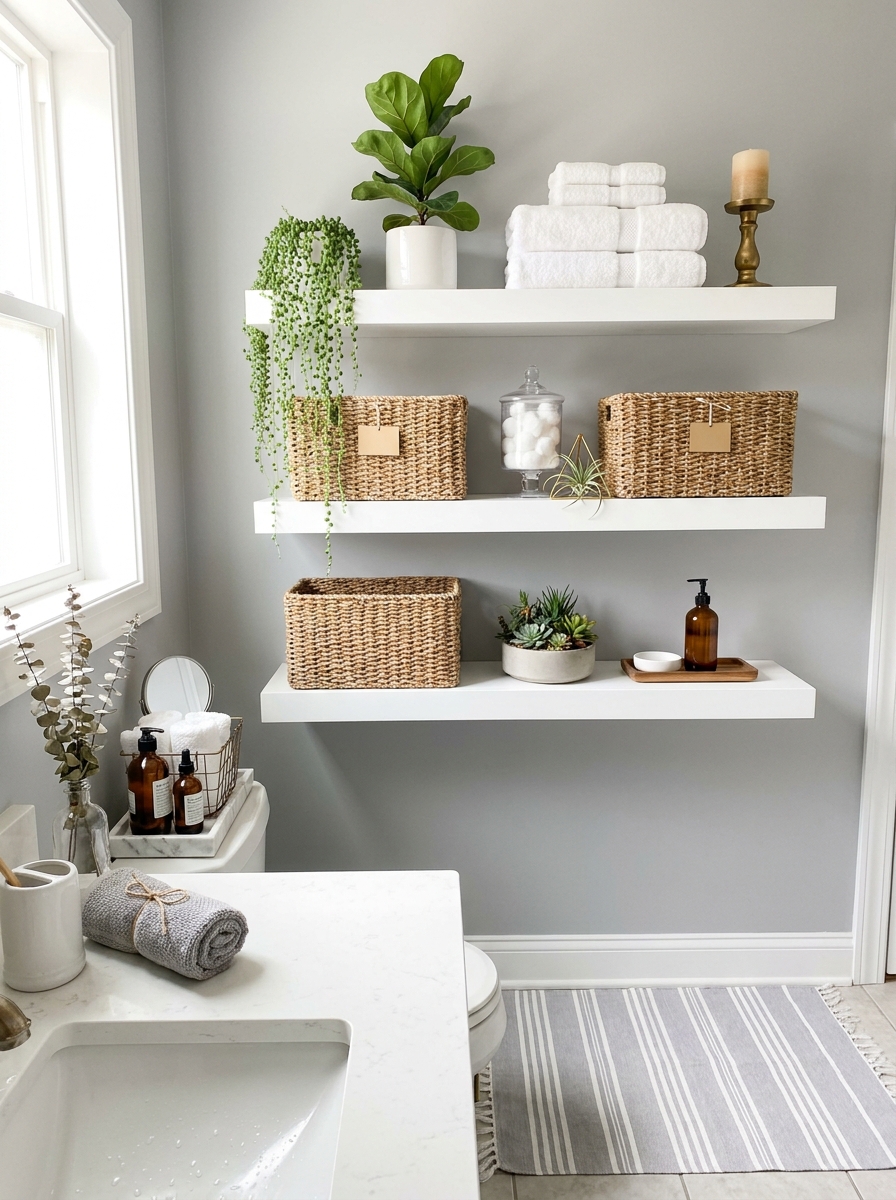 Floating Shelves with Baskets That Hide Visual Clutter