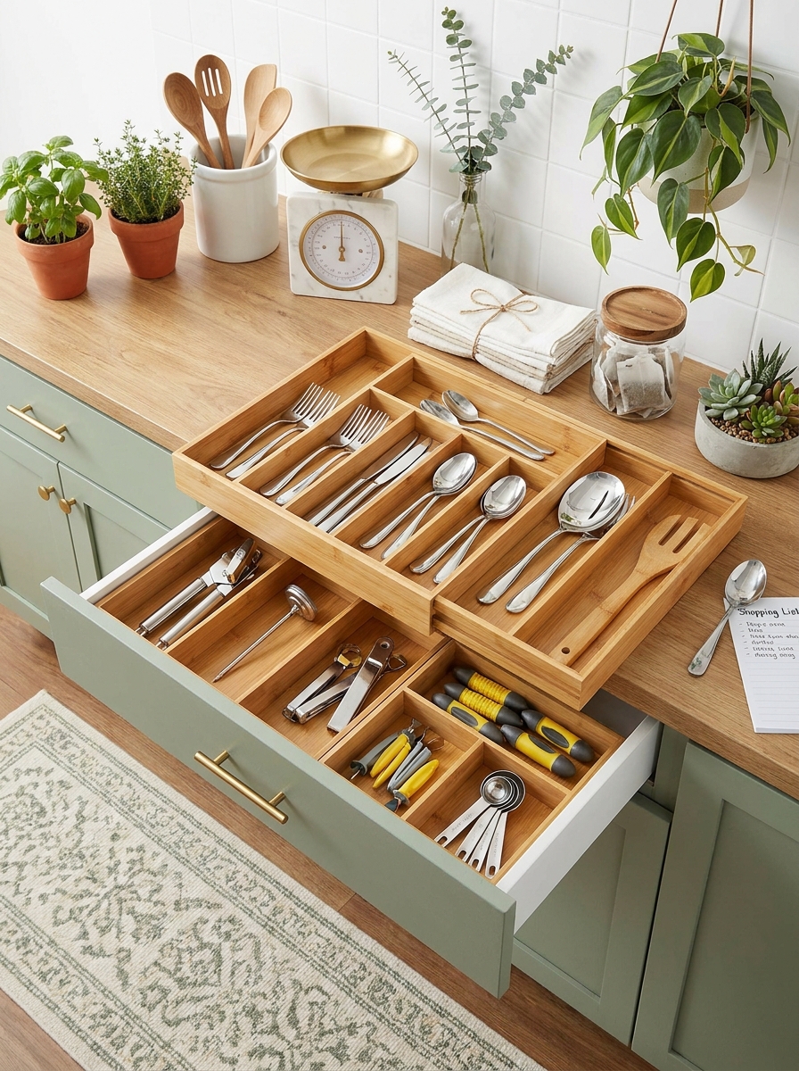 Silverware Organizer with a Secret Junk Drawer Layer