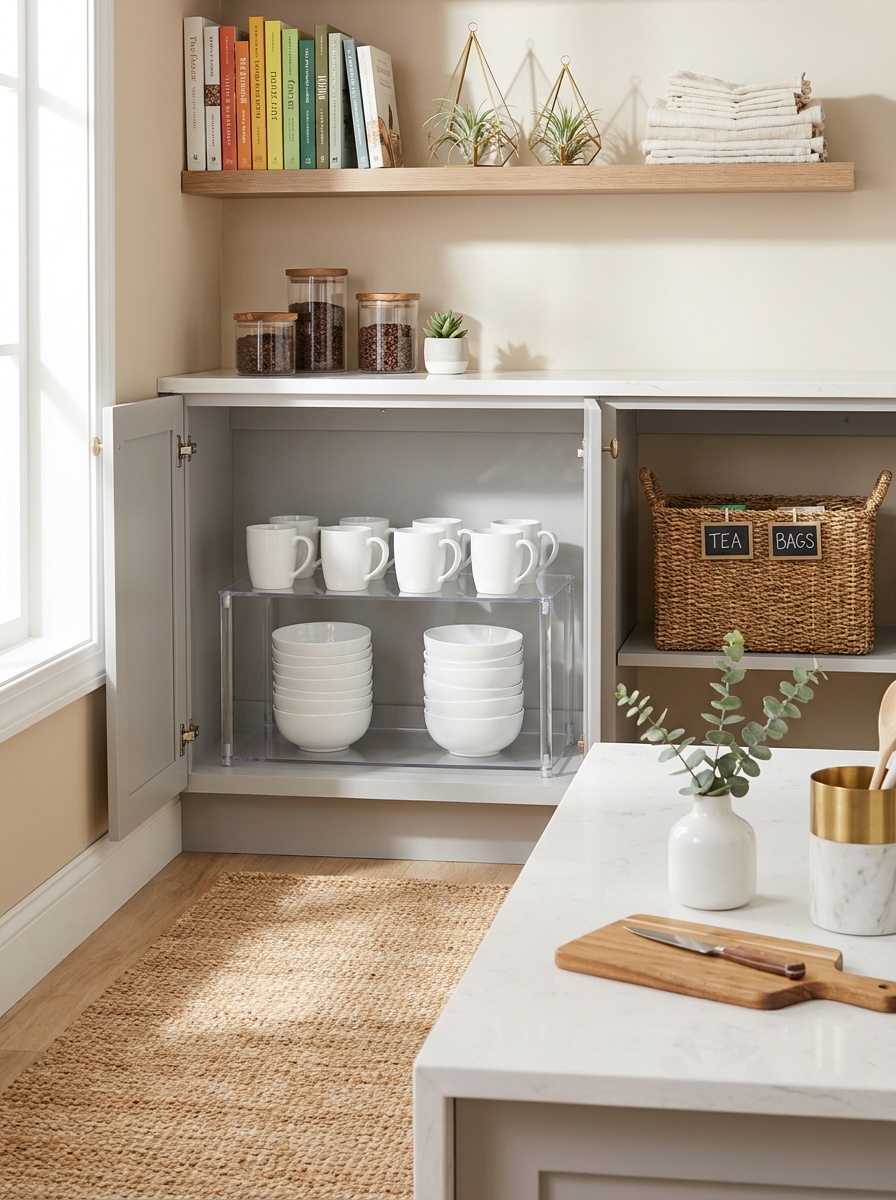 Tiered Cabinet Risers That Double Your Shelf Space