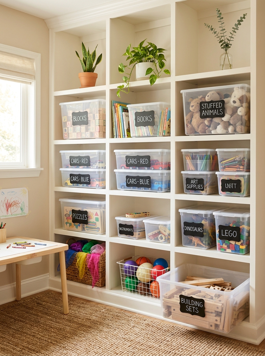 Clear Plastic Bins with Chalkboard Labels for Toy Rotation