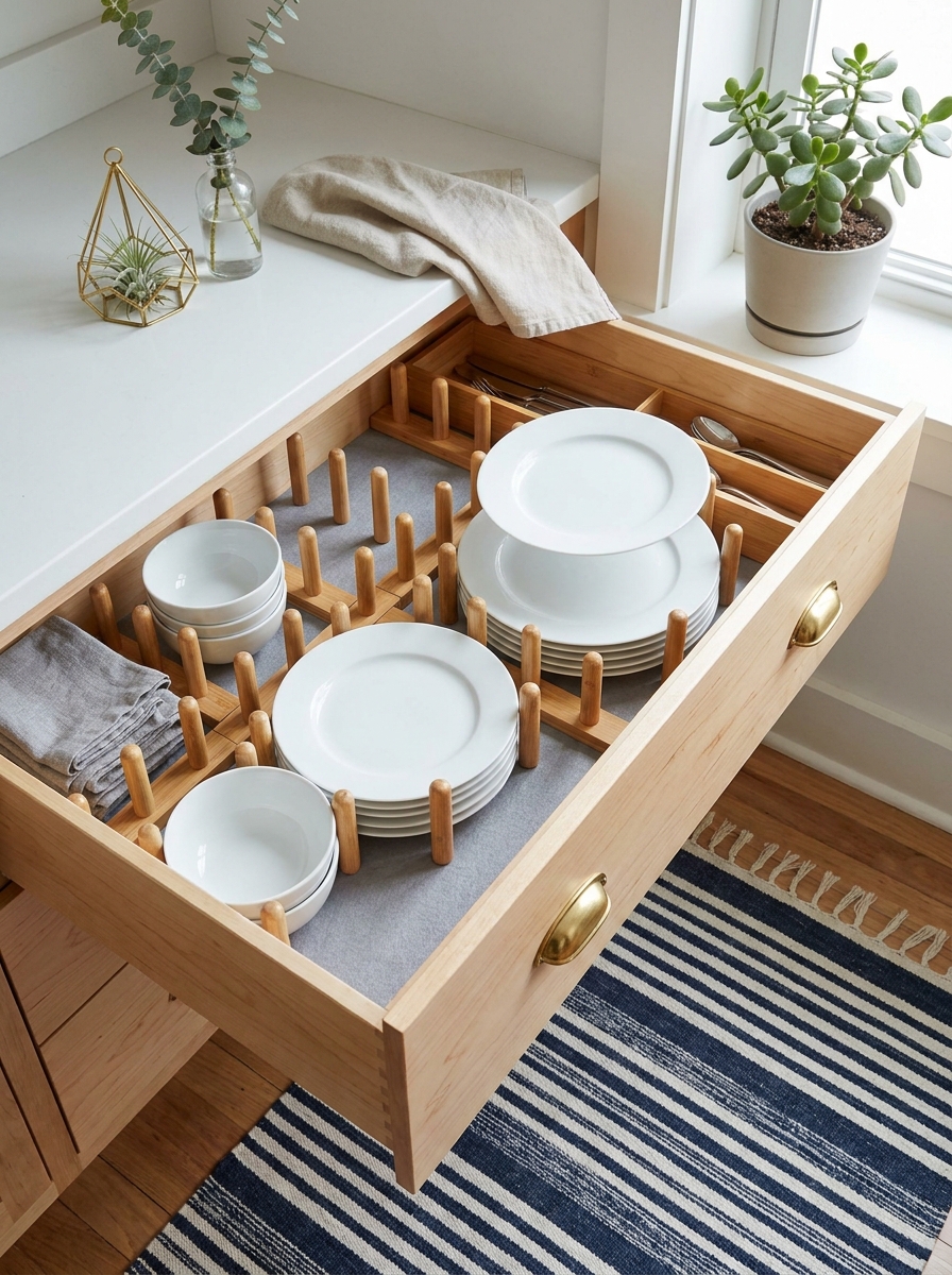 Drawer Peg System That Keeps Dishes from Shifting