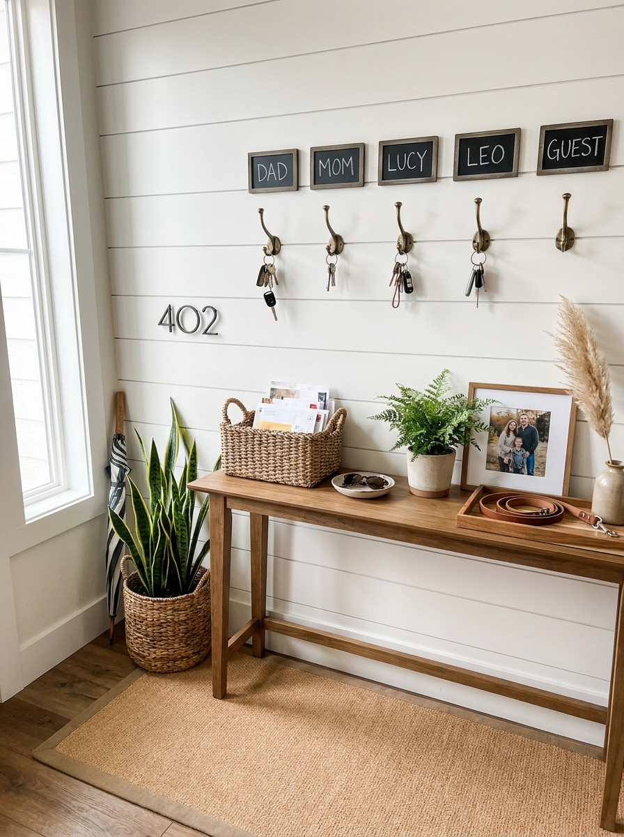 Mounted Key Hooks with Individual Labels for Each Person