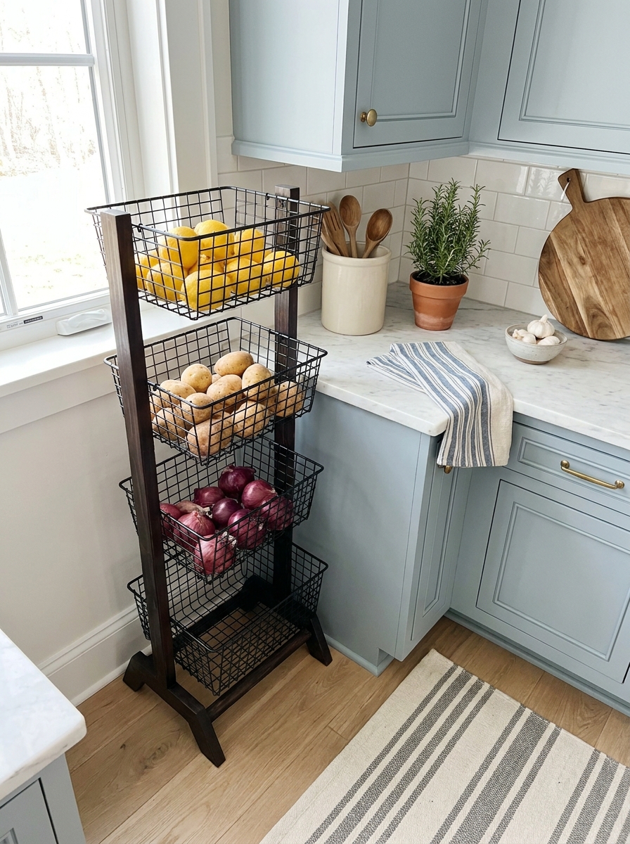 Wire and Wood Produce Basket Tower