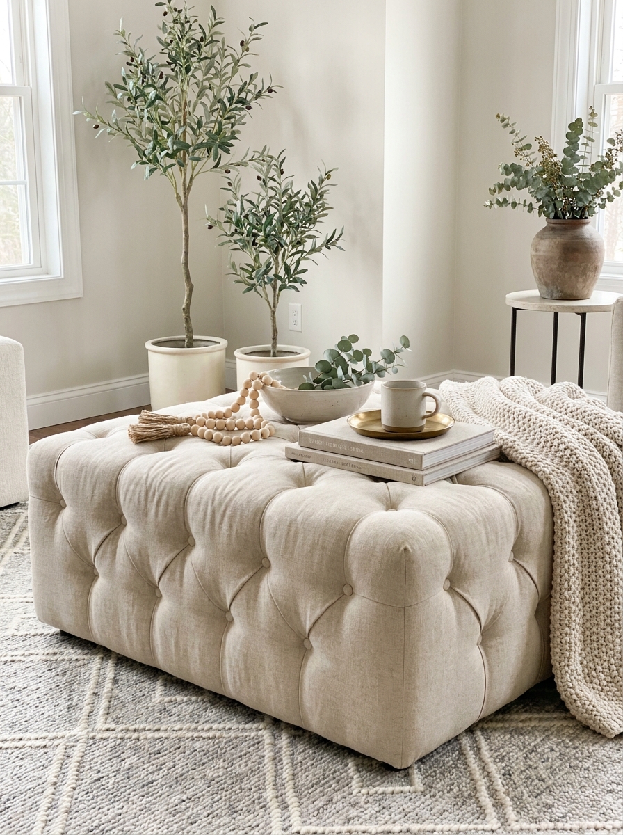 Tufted Linen Ottoman Slipcover