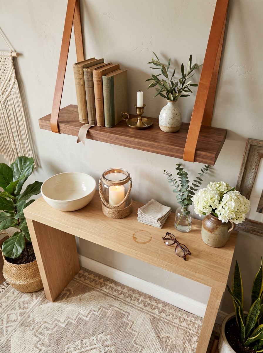 Woven Leather Strap Wall Shelf