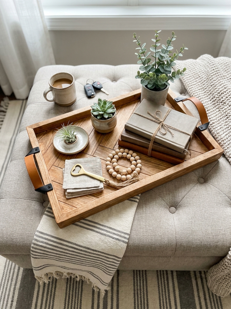 Herringbone Wooden Tray with Leather Handles