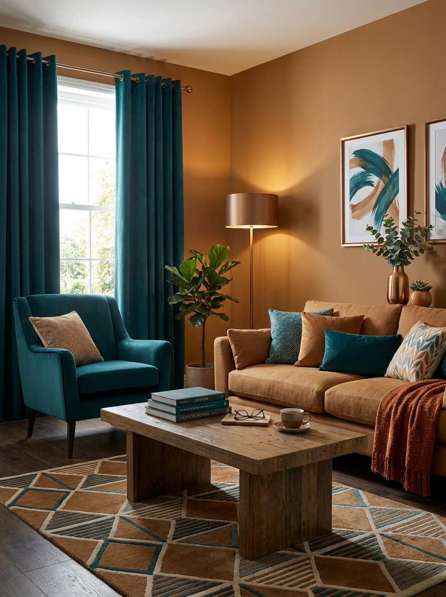 Warm Caramel with Deep Teal and Bronze