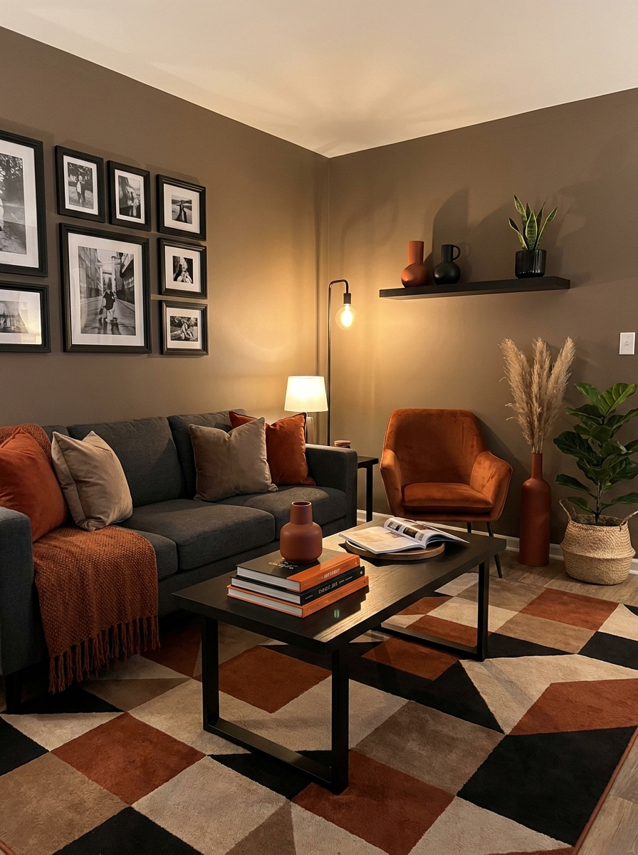 Warm Taupe with Rust Orange and Ebony