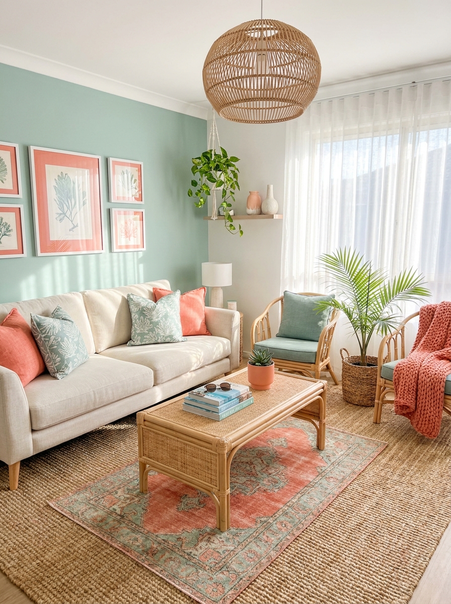 Soft Seafoam with Coral and Natural Rattan
