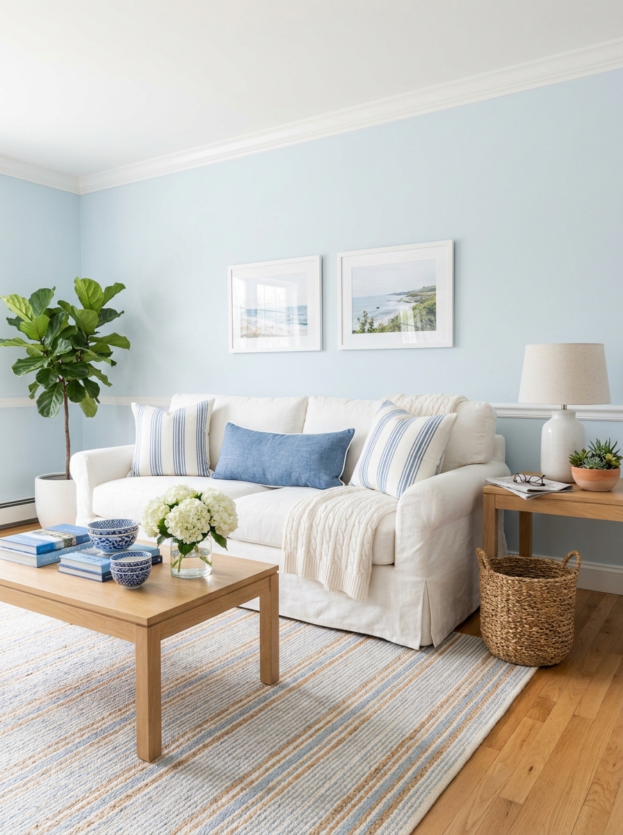 Pale Blue with Crisp White and Natural Wood